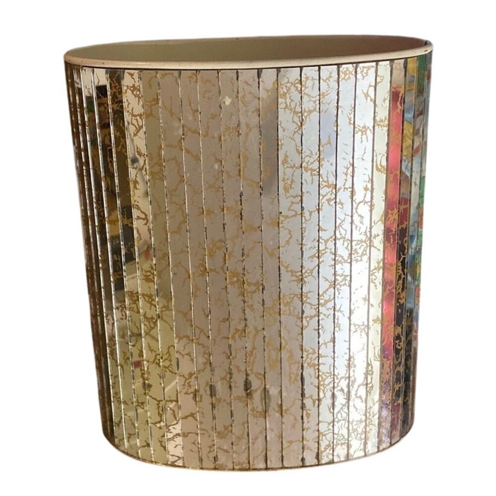 Vintage MCM Metal Mirrored Wastebasket Garbage Mosaic Mirror Tile Gold Crackle